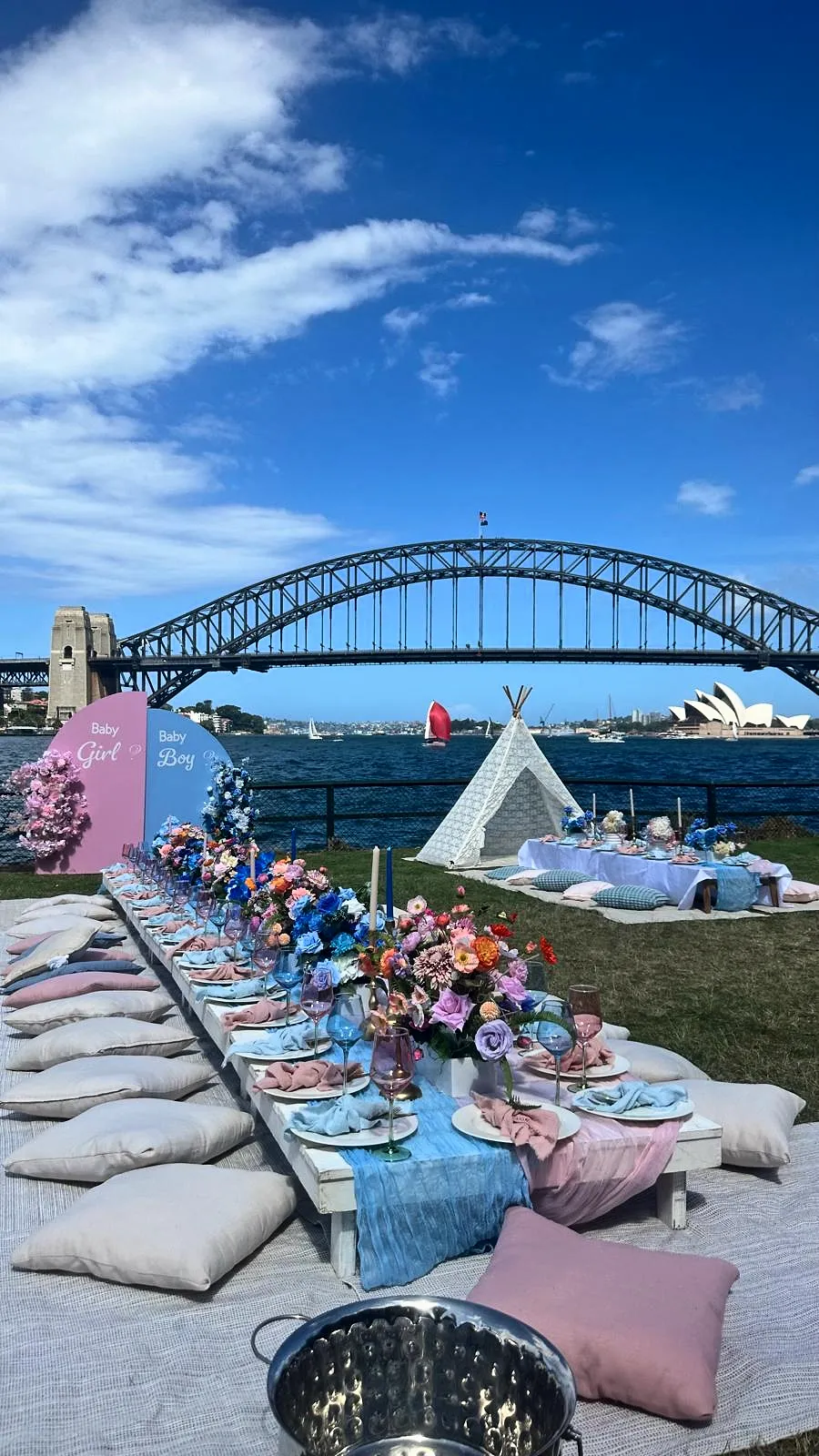 Long low picnic table in blue and pink beside Sydney Harbour, with the Harbour Bridge and Opera House behind