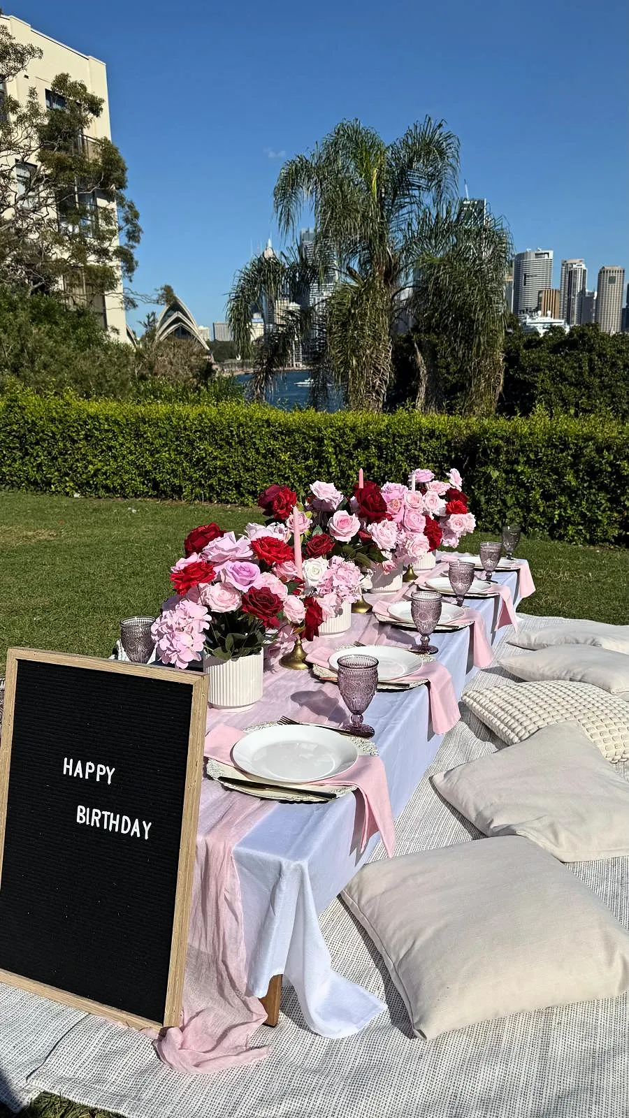 Pink and red rose picnic with a “Happy Birthday” letterboard, with the Opera House across the harbour