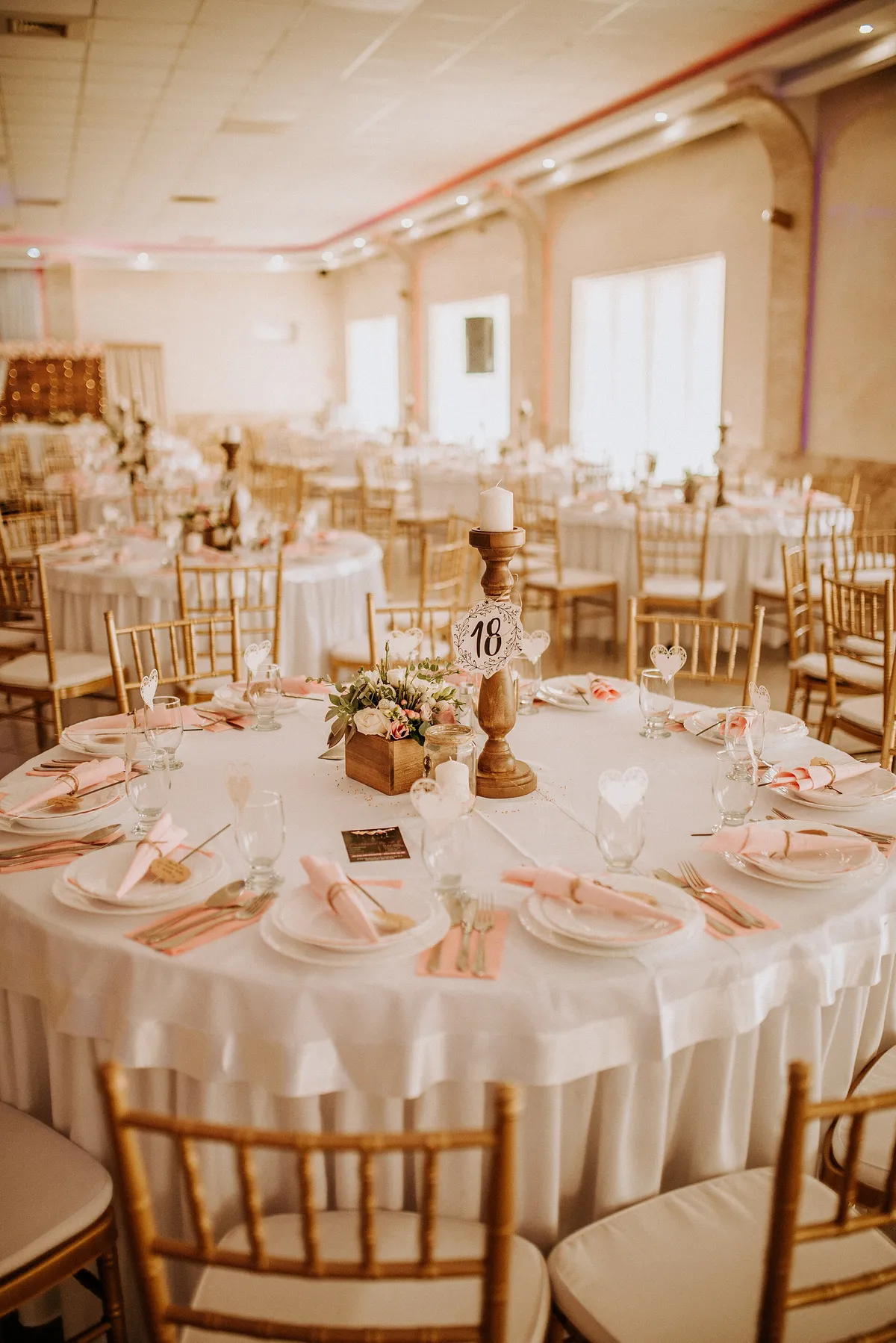 Illustrative wedding reception with round tables, blush napkins, gold chairs and small floral centrepieces